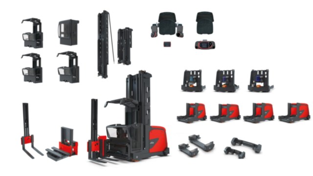 Explosionszeichnung des Schmalganggeräts K auf der verfügbare Varianten wichtiger Fahrzeugmodule abgebildet sind